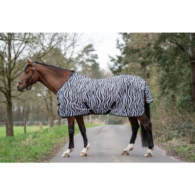 Cavalo com manta padrão zebra numa estrada
