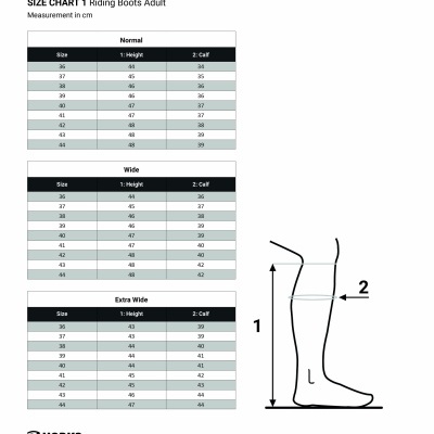 Tabela de tamanhos de botas de equitação adultas Horka com medidas de altura e perímetro da panturrilha.
