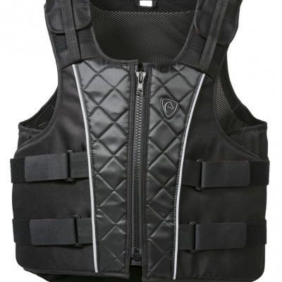 Colete protector preto com fecho central e tiras ajustáveis