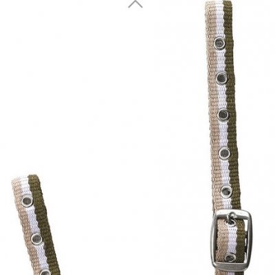 Cabresto para cavalo em nylon verde-oliva, bege e branco com fivelas metálicas prateadas