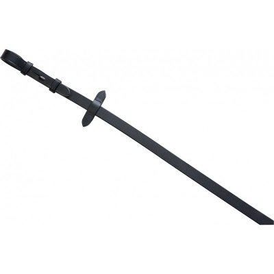 Correia preta longa com fivela e anel de apoio sobre fundo branco