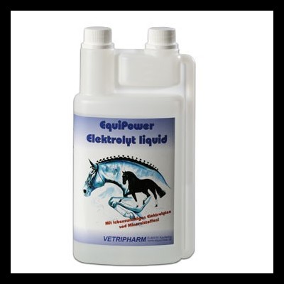 Frasco branco com líquido eletrólito para cavalos com rótulo azul e desenho de cavalos