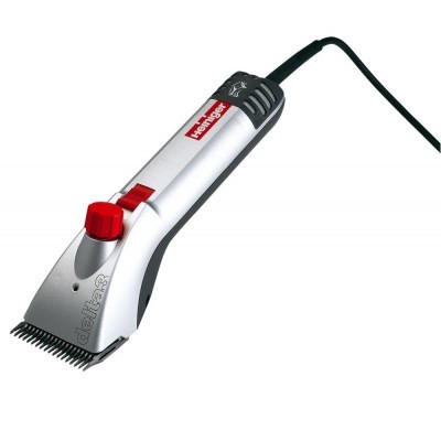 Máquina de tosquiar elétrica prateada com detalhes vermelhos e pretos