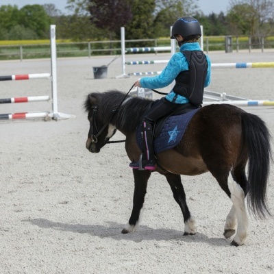 Criança a montar pônei preto com sela azul numa arena de equitação