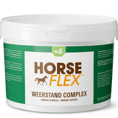 Pote branco com rótulo verde de suplemento para cavalos HORSE FLEX Weerstand Complex