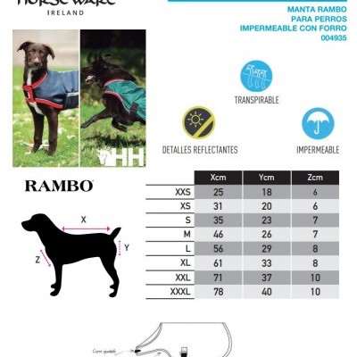 Manta impermeável para cães Horseware Ireland modelo Rambo com tabela de tamanhos e descrição das características