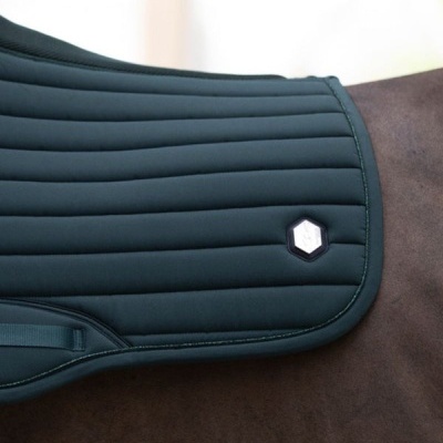 Tapete de sela azul escuro acolchoado numa sela de cavalo castanho