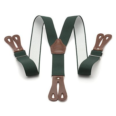 suspensórios verde-escuros com detalhes em couro castanho