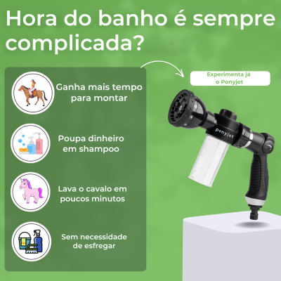 Dispositivo de lavagem Ponyjet para cavalos com fundo verde e texto em português