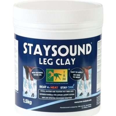 Embalahe branco de argila para pernas StaySound com etiquetas e texto em azul e branco.