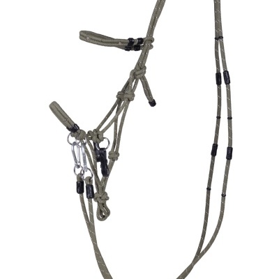 Cabeçada para cavalo cinza de corda com argolas metálicas