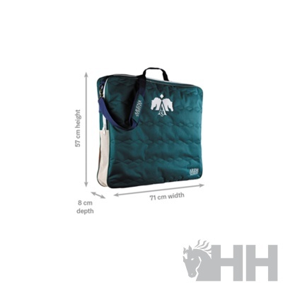Bolsa quadrada verde musgo com logótipo branco e alça azul