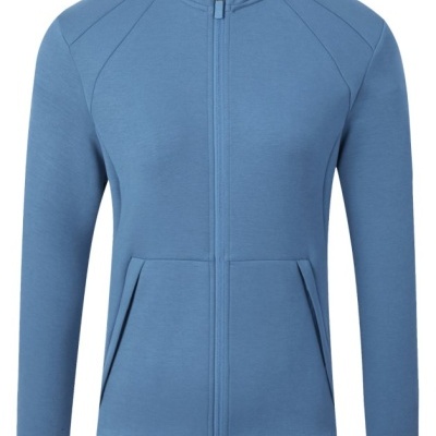 casaco azul de malha com fecho de correr e gola alta