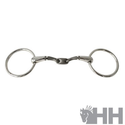 Freio metálico para cavalo com argolas e peça central articulada