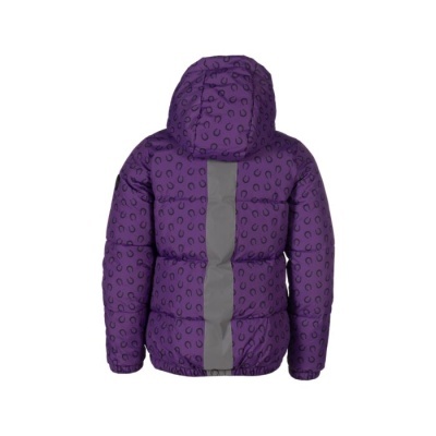 Casaco acolchoado roxo com padrão preto e faixa cinza nas costas