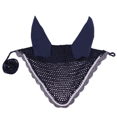 cobertura para orelhas de cavalo em crochet azul escuro com abas de tecido azul escuro