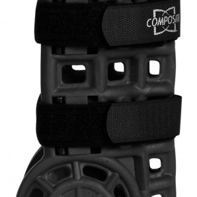 Aparelho ortopédico preto com tiras de velcro e roda circular