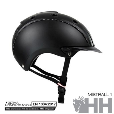 Capacete preto para ciclismo com fivela e aba curta, logotipo HH e certificação EN 1384:2017