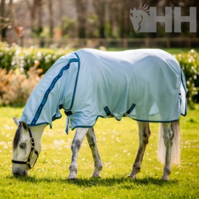 Cavalo branco com manta branca e azul a pastar na relva