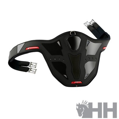 Cinta abdominal preta para equitação com detalhes vermelhos e cinzentos