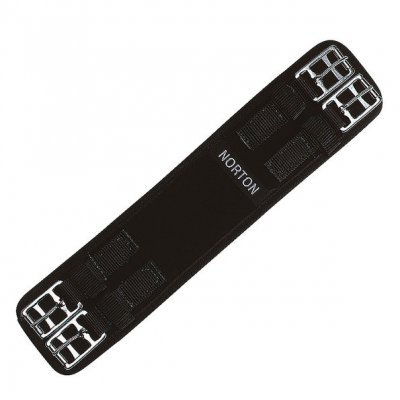 Correia preta para sela com texto 'NORTON' e fivelas metálicas