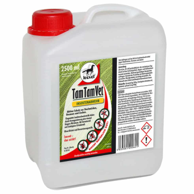 Recipiente plástico branco com tampa vermelha e rótulo verde de inseticida Tam Tam Vet