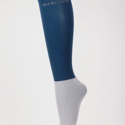 Meia comprida azul escuro e cinza claro com texto HARCOUR