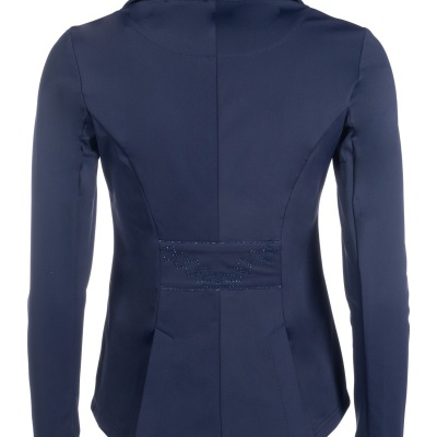 Blazer feminino azul escuro visto de costas com detalhe texturizado