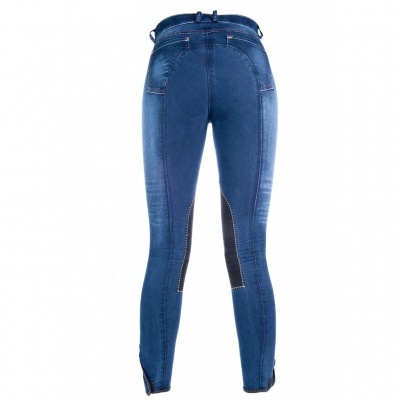 Calças de ganga azuis justas para senhora com cinco bolsos e detalhes em tecido preto