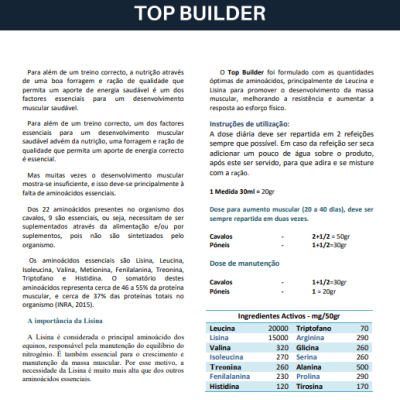 Folheto informativo do suplemento Top Builder da Equi Karma com texto e tabela de ingredientes.