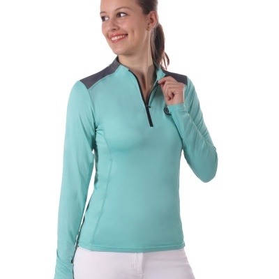 Camisola feminina azul claro de manga comprida com detalhes cinzentos e fecho de correr no pescoço