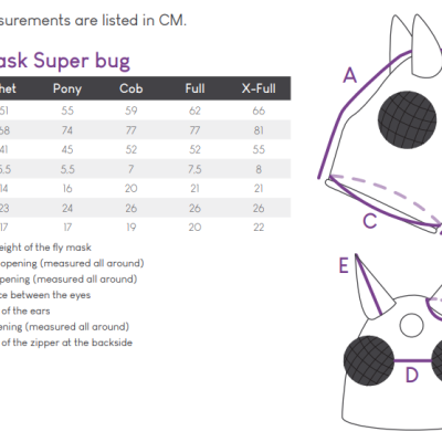 Tabela de medidas para máscara Fly mask Super bug com desenho técnico e legenda de medidas