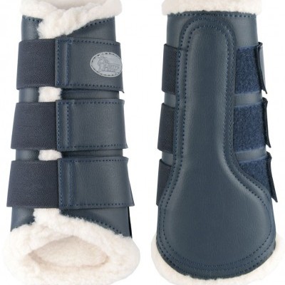 Protetores para cavalos em couro azul escuro forrados a pele sintética branca