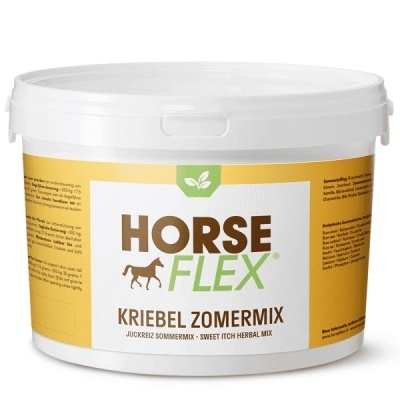 Recipiente branco de Horse Flex Kriebel Zomermix com etiqueta amarela e branca