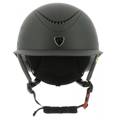 Capacete de equitação preto fosco com tira ajustável e distintivo prateado