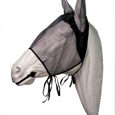 Máscara preta de malha para cabeça de cavalo com orelhas e tiras para amarrar