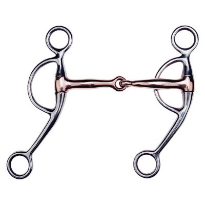 Freio de cavalo metal prateado e bronze com várias argolas