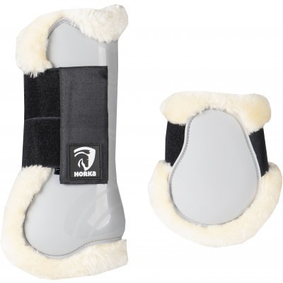Conjunto de proteções para equitação cinzento com acolchoado branco e tiras pretas, marca HORIKA
