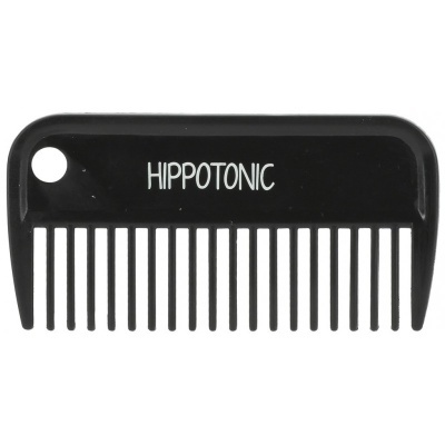 Pente preto de plástico com dentes largos e palavra HIPPOTONIC impressa