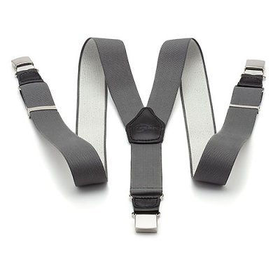 Suspensórios cinzentos com clips metálicos e reforço em couro preto