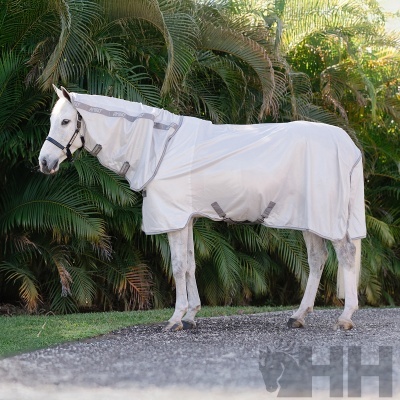 Cavalo branco com manta protetora branca e detalhes cinza ao ar livre