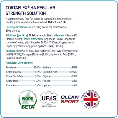 Rótulo de solução nutracêutica para cavalos Cortaflex HA Regular Strength com informação de ingredientes e certificados