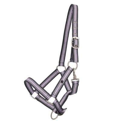 Cabresto para cavalo em tecido cinza e lilás com metais prateados