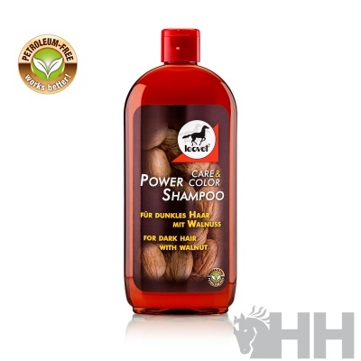 Xampu Leovet Power Care & Color para cabelos escuros com noz em embalagem castanho-avermelhada.