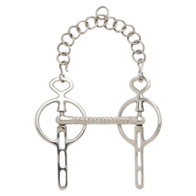 Freio para cavalo em metal prateado com corrente e barra canelada