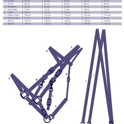 Desenho técnico de cabresta com tabela de tamanhos para diferentes cavalos