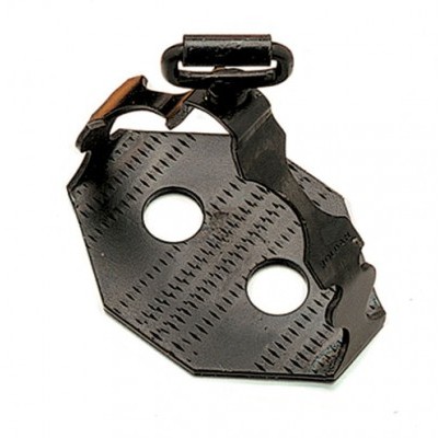 Peça metálica preta com textura riscada e dois buracos circulares