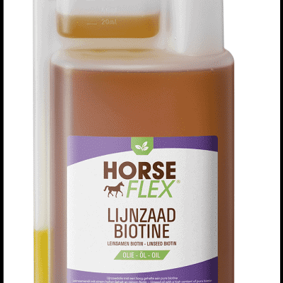 Frasco plástico com óleo castanho e rótulo HORSE FLEX LIJNZAAD BIOTINE.