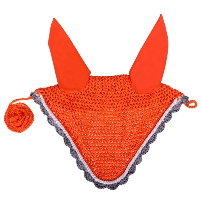 Touca para cavalo vermelha em croché com orelhas e borda cinza