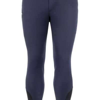 Calças justas azul-escuro com detalhes pretos na parte inferior das pernas